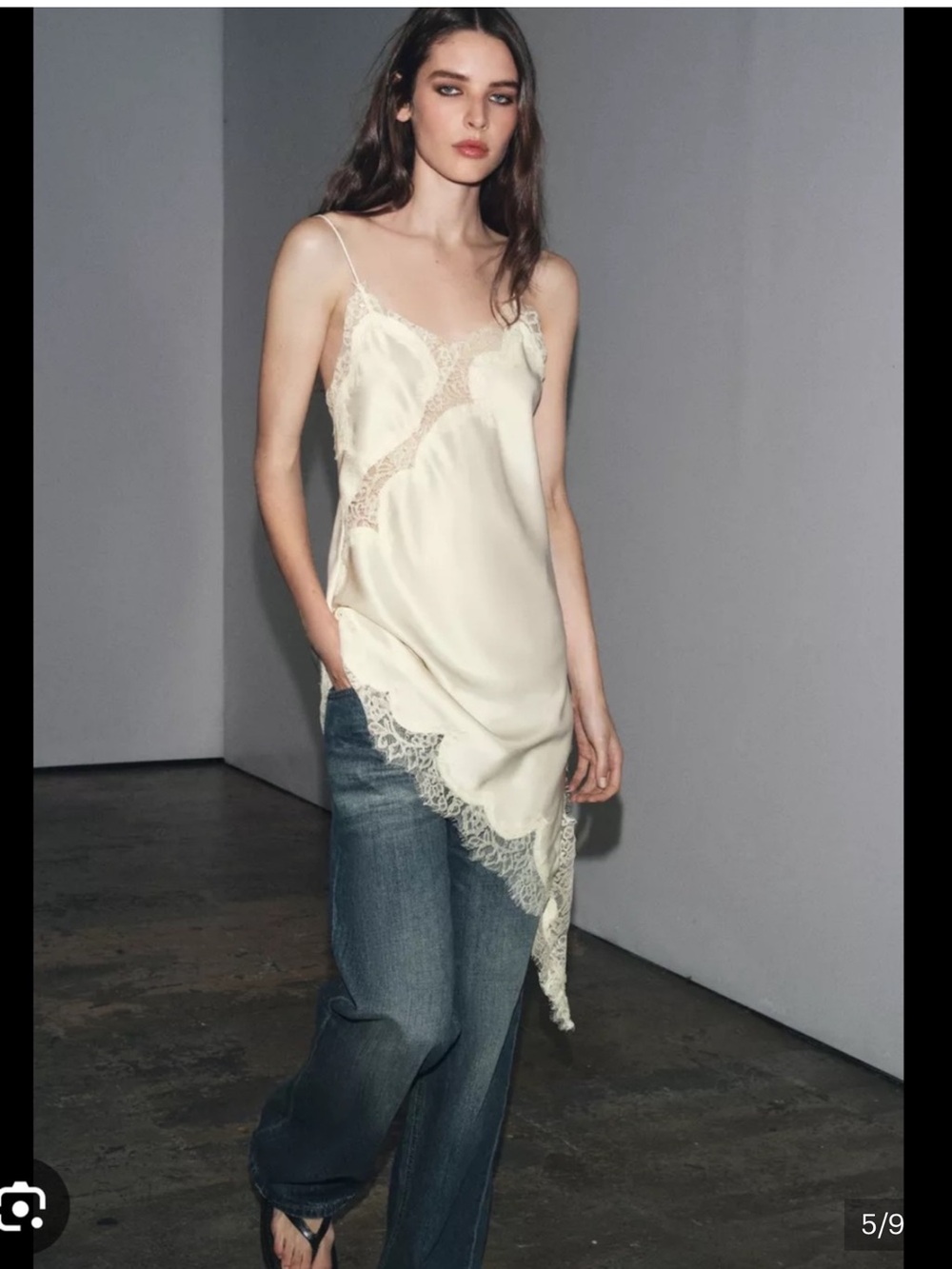 Zara Black Satin  Tops with Lace Trim